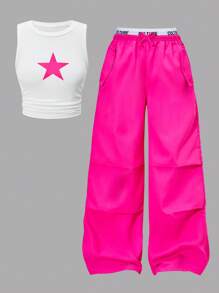 SHEIN 2pcs/Set Teenage Girls Star Print Drawstring Tanks & Cargo Pocket Color Block Pants Set, Streetwear Casual Outfit, Spring/Summer Summer Holiday