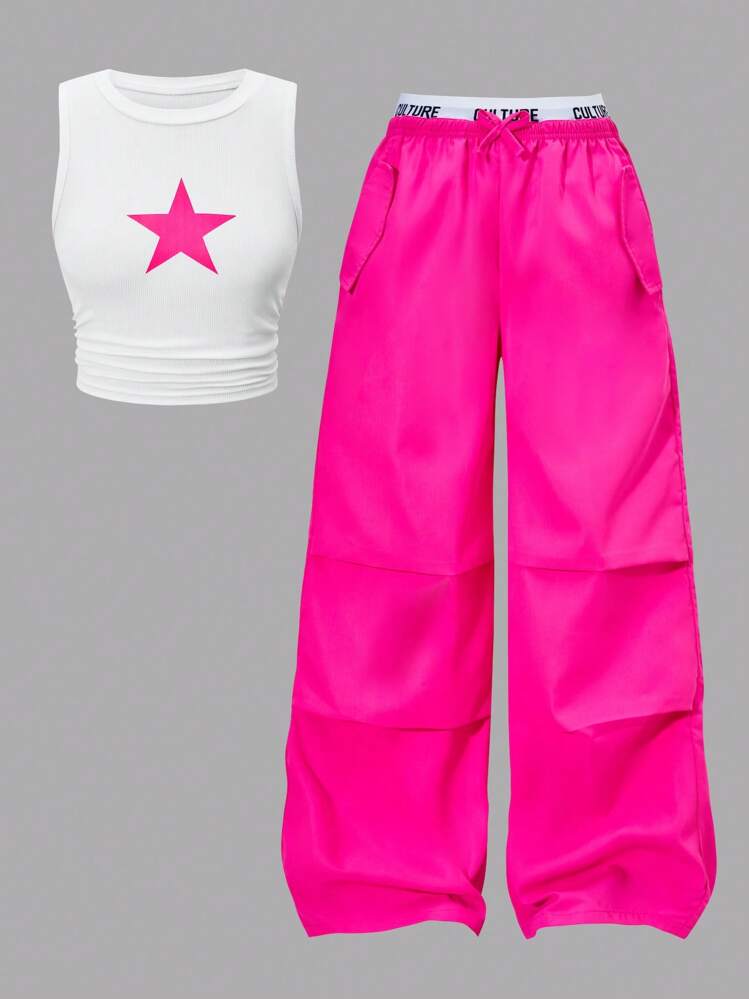 ChillGRL Set de 2 piezas de top de tirantes con estampado de estrellas y pantalones cargo de bloques de color para niñas preadolescentes, conjunto de ropa casual de estilo urbano para primavera/verano y vacaciones de verano - Rosa Fucsia - Ver 7