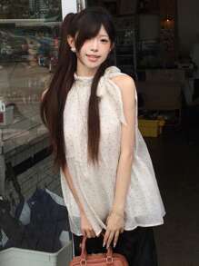 DAZY Bowknot Neck Loose Polka Dot Sleeveless Blouse Going Out Tops Fall - Beige - View 4