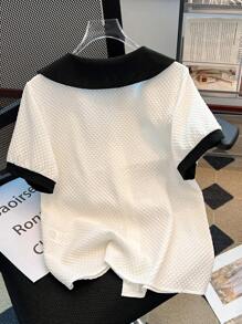 Franclia Contrast Color Block Peter Pan Collar Casual Commuter Minimalist Style Women's Shirt, Spring/Summer - White - View 2