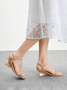 CUCCOO BIZCHIC Apricot Patent Leather Wedge Platform Open Toe Slide Sandals With Strap Design - Apricot - View 4