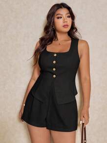 Elaquor 2pcs Plus Size Women's Solid Color Single-Breasted Sleeveless Shirt And Shorts Set Spring To Summer - Black - View 4