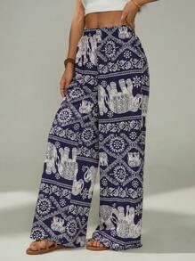SHEIN PETITE Elephant Print Wide-Leg Pants Are Suitable For Vacation And Beach Dates,Bohemia - Navy Blue - View 5