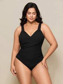 Swim Basics Plus Size One Piece Swimwear, Minimalist Beach Holiday Style For Summer Beach Vacation - Black - View 4