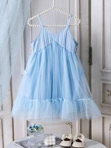 SHEIN Genkimix Girls Fashion Spaghetti Strap Frill Trim Mesh Princess Dress, Suitable For Birthday Party,Banquet,Gift, Summer - Blue - View 2