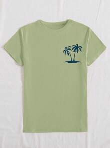日落海滩棕榈树字母印花短袖圆领 T 恤，适合休闲、户外、度假穿着，适合所有季节 - 軍綠色 - 查看 3