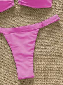Swim Chiccia 女士海滩夏季服装 - Springbreak 纯色露肩金属装饰短款上衣和丁字裤比基尼套装 - 玫紅色 - 查看 4