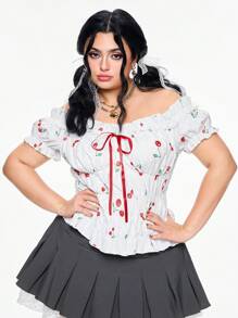 ROMWE Kawaii Plus Size Women Retro Cottagecore Cherry Embroidered Off Shoulder Lace Trim Blouse - White - View 4