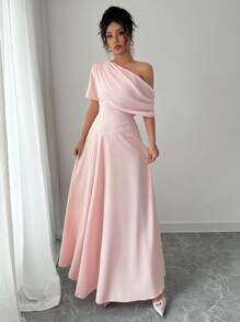 Rafferiza 女士优雅不对称肩短袖雪纺拼接 A 字连衣裙 - 粉色 - 查看 2