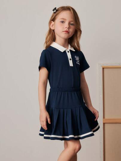 PrepCrw Young Girl Letter Print Color Block Polo Collar Short Sleeve Top And Mini Skirt 2 Pieces Outfit, Spring/Summer