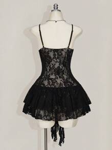 SHEIN ICON Plus Size Round Neck Lace Strap Dress, Double Layer Ruffle Hem Strap Dress, For Music Festival - Black - View 11