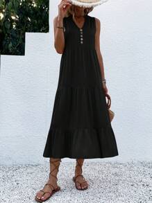 EMERY ROSE Button Detail Layered Hem Smock Dress Maxi Women Outfit - Black - View 5