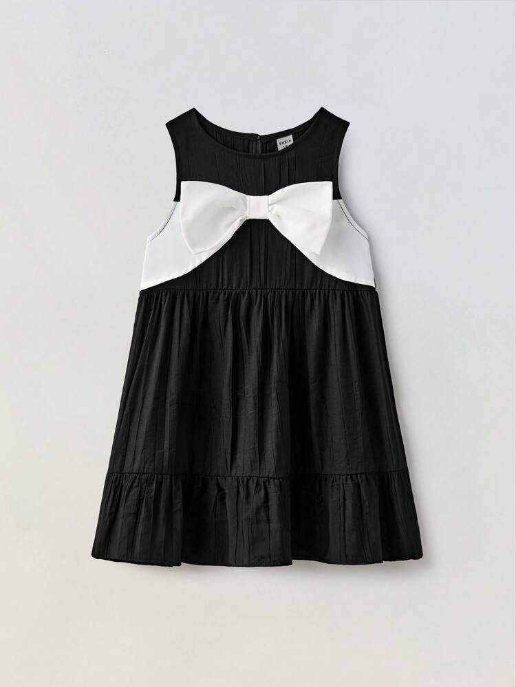 Loose Casual Fashion Color Block Bow Decor Young Girl Dress