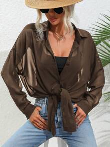 SHEIN LUNE Solid Color Front Button Up See-Through Casual Long Sleeve Shirt Fall Cloth For Women - Coffee Brown - View 3