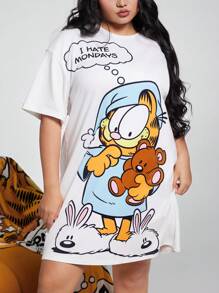 GARFIELD | SHEIN Plus Size Crew Neck Cartoon & Letter Print Short Sleeve Nightgown, Moo Moo Night Dress - White - View 1