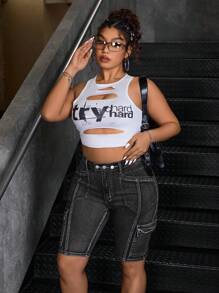 SHEIN ICON Plus Size Summer Casual Distressed Skinny Denim Shorts - Black - View 6