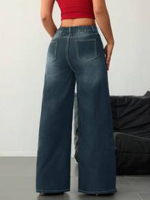 SHEIN Tall 女士低腰宽松亮片演唱会牛仔裤 - 深色水洗藍 - 查看 2