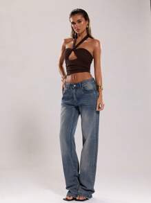 SHEIN BAE Women's Plain Color Ruched Cropped Cutout Halter Tank Top - Coffee Brown - View 3