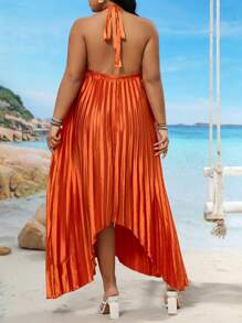 SHEIN Clasi Plus Size Pleated Strap A-Line Dress For Women, Vacation Wear - Orange - View 2