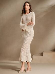 Anewsta Vestido ajustado de sirena con manga trompeta, perlas y desgaste, con cubierta transparente, adecuado para festivales, salidas, vacaciones, playa, verano y vacaciones casuales