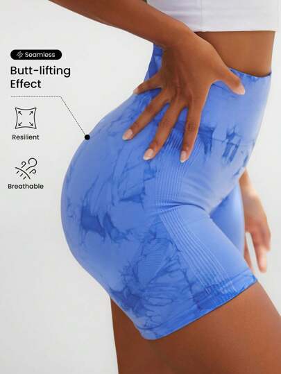 Pantalones cortos deportivos azules con cintura ancha efecto tie-dye, shorts de sudadera, pantalones cortos de gimnasia, shorts de ciclista para mujer