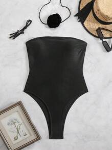 SHEIN Swim Women's New Summer Beach Solid Color Textured Sexy Strapless Backless Removable Strap 3D Flower Neck One-Piece Swimsuit - Black - View 5