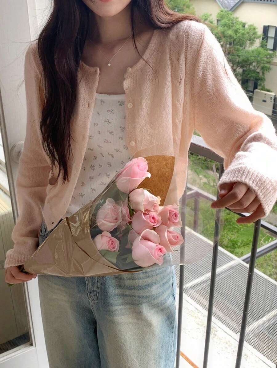 DAZY 宽松简约轻薄女士开衫，青春气息，重返校园服装 - 粉色 - 查看 1