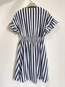 Rafferiza 夏季休闲办公条纹荷叶边下摆连衣裙 - 黑與白 - 查看 2