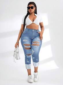 SHEIN SXY Damen Stretchjeans in Blau mit Destroyed-Optik in Große Größen - Helle Waschung - Übersicht 3