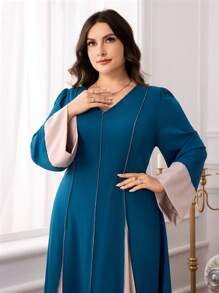 Al Najma Plus Size Women Arabic Style Minimalist Casual Dress, Suitable For Summer, Modest - Blue - View 3