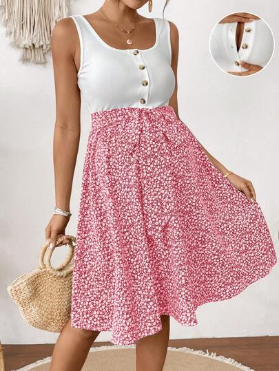 SHEIN Maternity Nursing Dress, Ditsy Floral Patchwork Button Half Front Placket Sleeveless