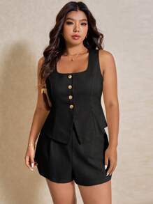 Elaquor 2pcs Plus Size Women's Solid Color Single-Breasted Sleeveless Shirt And Shorts Set Spring To Summer - Black - View 5