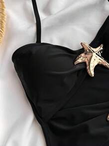 SHEIN 青少年女孩黑色 1 件装可拆卸肩带镂空海星点缀褶皱连体泳衣夏季、海滩 - 黑色 - 查看 5