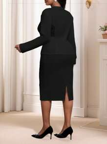 Fleurora  2pcs Plus Size Set, Short Sleeve V-Neck Top & Skirt, Casual & Stylish For Everyday Wear Valentine's Day New Years Women Outfit Wedding Guest Dress Women Sets For Women Valentines Clothes,Valentine's Day For Valentine's Day - Black - View 2