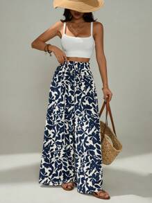 SHEIN PETITE 女式高腰口袋褶皱阔腿度假植物印花裤 - 藍白色 - 查看 4