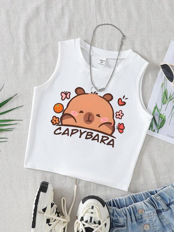 女孩水豚和心形蝴蝶印花可爱白色圆领吊带背心