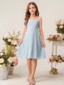 Elegant Simple & Fashion Sleeveless High Waist Mid-Length Blue Tone Casual Dress For Tween Girl, Summer Wedding Junior Bridesmaid Dress