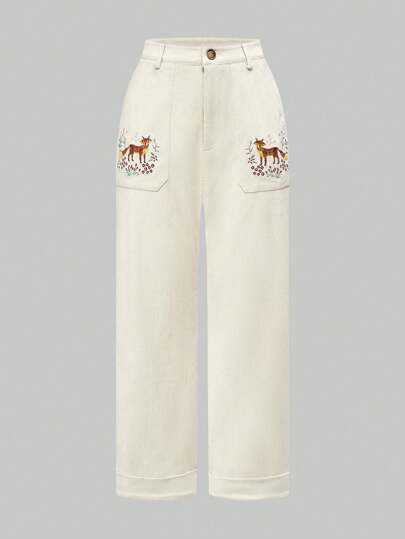 Fairycore Women Fox & Cottage Embroidery Design Simple Long Pants, Fashionable For Summer