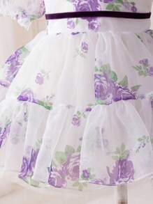 SHEIN Glamorique Kids Baby Girls' Organza Print Dress Purple Short Sleeve Puff Skirt, Children Easter Party Dress Chiffon Satin Flower Infant Princess Gown, Elegant Occasion Baby Girl Dresses Princess Baby Dress Baby Elegant Dress Party Dress For Baby