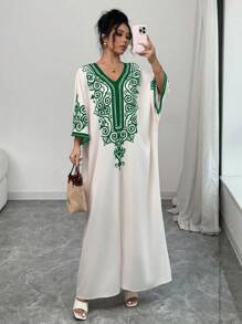 Chiquease Women's V-Neck Placement Printed Batwing Sleeve Slit Dress - Apricot - View 6