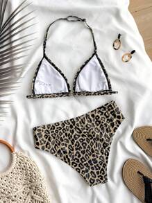SHEIN Teen Girl Leopard Print Spaghetti Strap Tankini Swimwear Top & Bottom Set, Summer Vacation
