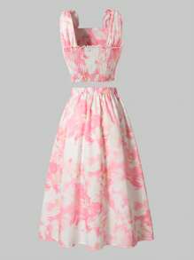 女童两件套花卉印花露背上衣和裙子套装，度假乡村甜美风格 - 粉色 - 查看 2