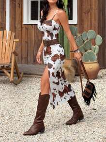 SHEIN EZwear Women's Summer New Western Music Festival Cow Print Sling Slit Midi Dress, Suitable For Music Festival Wear,Summer Dresses For Women,Country - Multicolor - View 3