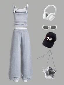 2pcs/Set Young Girl' Simple Solid Color Spaghetti Strap Top And Wide Leg Pants Comfortable Street Casual Suit - Grey - View 2