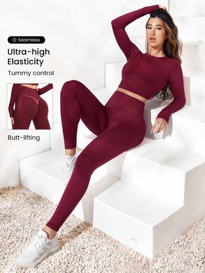 Gameset SHEIN Sport 2pcs Outfits Seamless Fitness Yoga Suit Gym Outfits Set & Sleeve Tee Wide Waistband Tights Fit Set Workout Women Set Gym Women Outfit