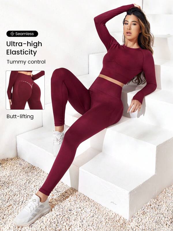 Gameset SHEIN Sport 2 件套无缝健身瑜伽服健身房服装套装和袖 T 恤宽腰带紧身裤套装健身女士套装健身房女士服装