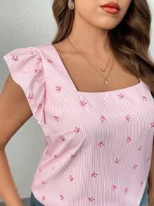 SHEIN Unity Plus Size Women Striped Bowknot Print Square Collar Ruffle Sleeve Blouse - Pink - View 6