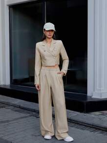 RueChic Double Breasted Crop Blazer & Wide Leg Pants - Beige - View 1
