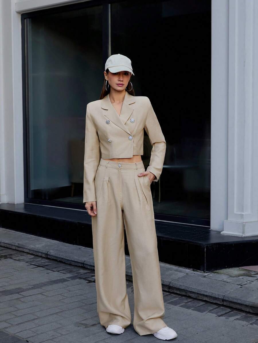 RueChic Double Breasted Crop Blazer & Wide Leg Pants - Beige - View 1