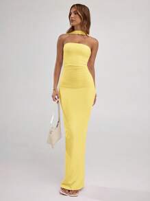 SHEIN BAE Đầm suông cổ yếm xếp ly màu trơn thanh lịch cho nữ - Màu vàng - Xem 7